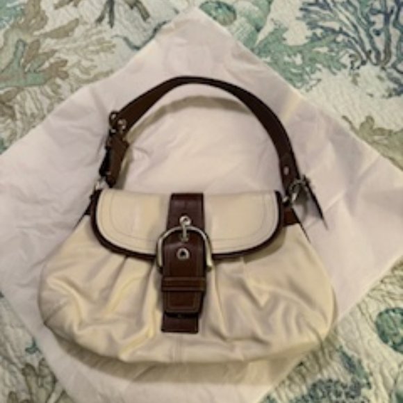 Coach Handbags - Coach Off White Cream Brown Leather Flap Soho Shoulder Baguette F10188